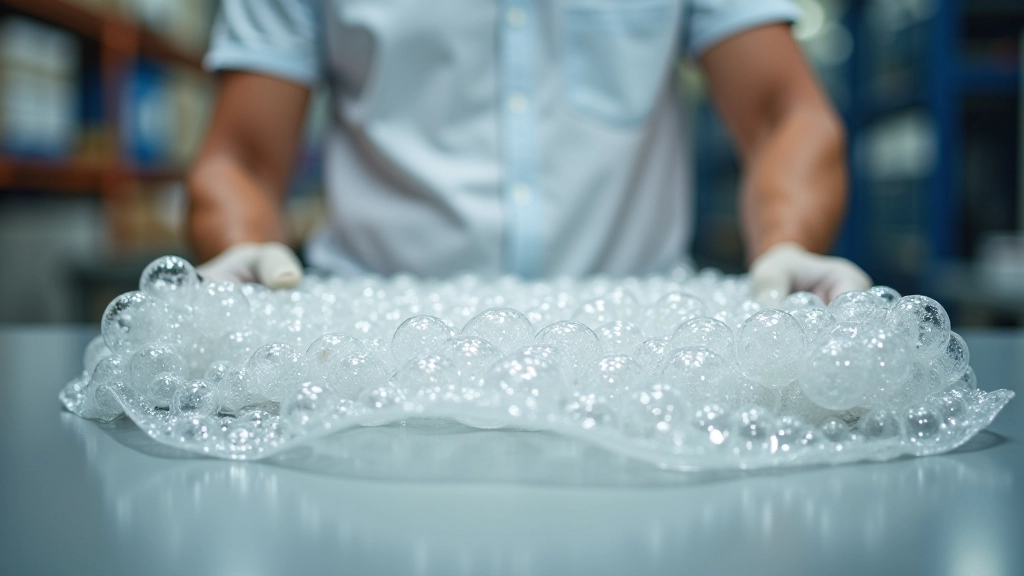 Close-up of bubble wrap material showing air bubbles and protective cushioning properties