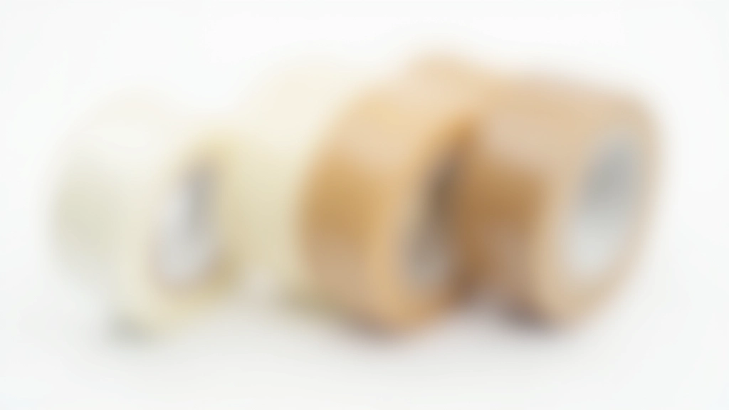 Close-up of various packing tape types including clear acrylic, kraft paper, and reinforced gummed tape rolls