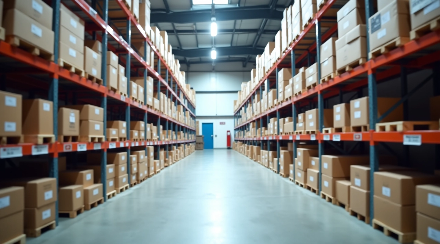 Modern warehouse storage facility with organized packaging materials and shelving systems