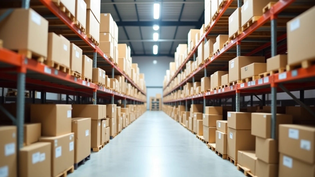 Organized warehouse shelves with color-coded packaging boxes and inventory labels