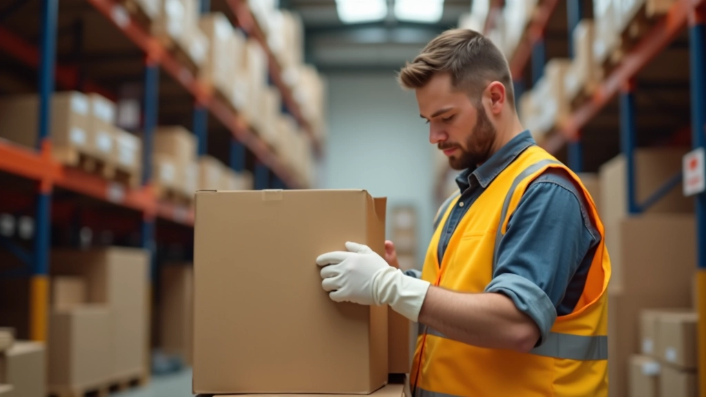 Worker in warehouse uniform checking and testing corrugated boxes for structural integrity and durability