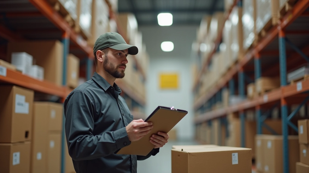 Warehouse manager reviewing inventory checklist at packaging supply station