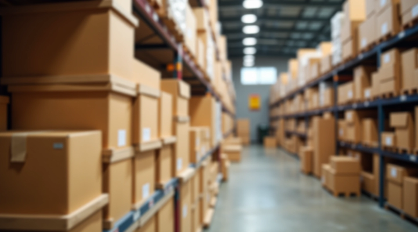 Corrugated cardboard boxes stacked in warehouse storage area with natural light