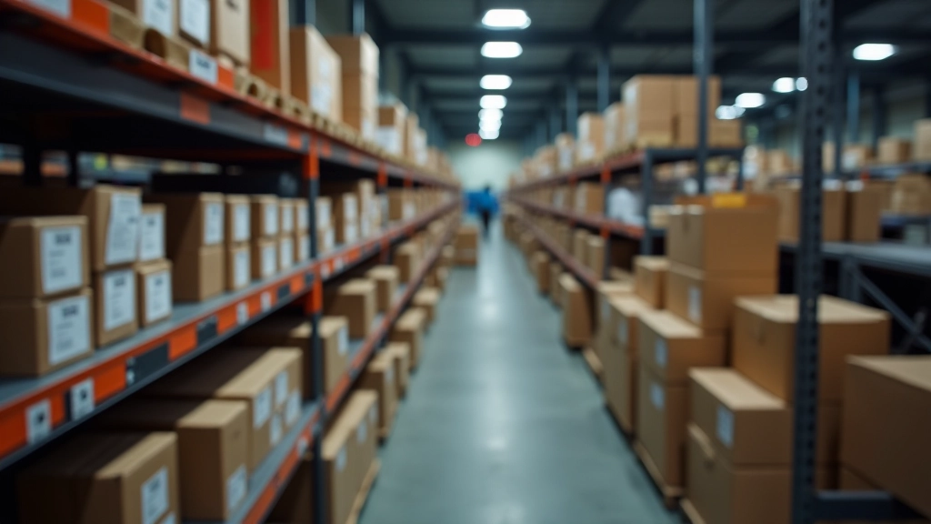 Bulk shipping tape dispenser and packing supplies arranged on warehouse shelf
