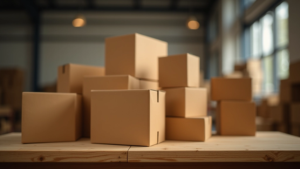 Variety of different sized corrugated cardboard boxes arranged on wooden table in organized display