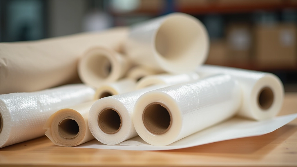 Rolls of bubble wrap and protective packaging materials displayed on work table