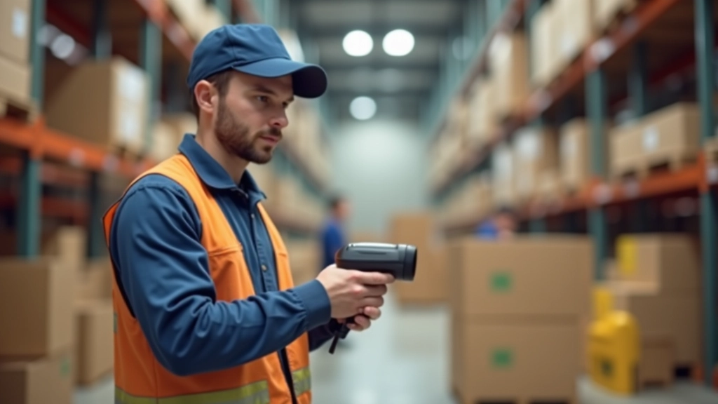 Warehouse worker scanning boxes with barcode scanner device